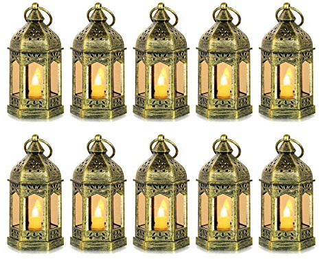 Romadedi Mini Lanterns Decorative for Centerpiece: 10pcs Hanging Small Gold Lantern Bulk with Flickering LED Candles for Wedding Decor Party Table Decorations Christmas Halloween, Batteries Included