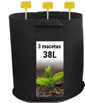GROWMANIA 3 Bolsas de Cultivo de Tela Negra con Asas - Macetas de 38L de Capacidad para Plantas y Flores Redonda + Etiquetas de Regalo