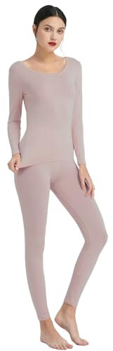Mcilia Damen Ultradünnes Thermo-Unterwäsche Oberteil & Unterteil-Set aus Modal mit tiefem Rundhalsausschnitt Haut Rosa Medium (EU 40 42)