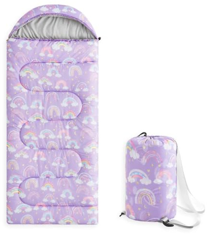 Wake In Cloud - Kids Sleeping Bag for Girls Toddlers, Camping in Warm Cold Weather, Backpacking Lightweight Compact Outdoor Liner for 3 Seasons, Rainbow Clouds, Dark Purple