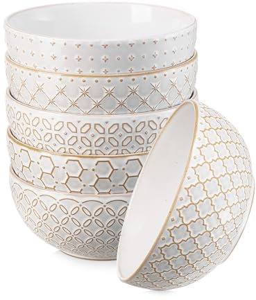 DOWAN Cuencos para Cereales, 800ml Juego de 6 Grandes Cuencos para Sopa, Φ15.2cm Cuencos de Cocina con Relieve para Avena, Ensalada, Pho, Frutas, Fideos, Ramen | Vintage Blanco