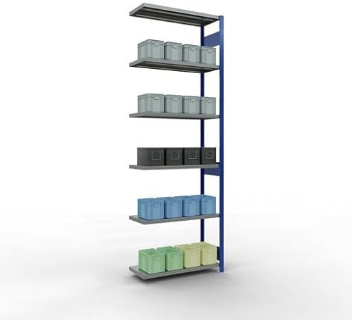 qpool24 Anbauregal, Fachbodenregal Stecksystem MULTIplus250, 3000 x 1000 x 400 mm (HxBxT), 7 Fachböden, Längenriegel, RAL 5010 enzianblau/verzinkt