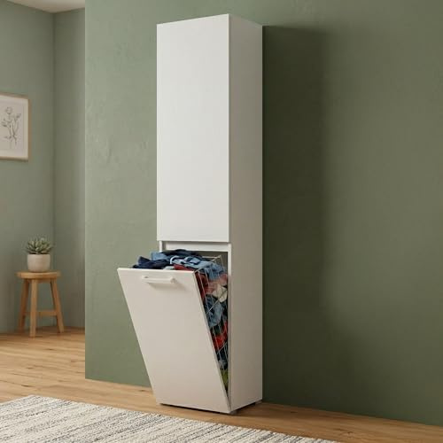 Dmora - Agapanto Armoire Polyvalente 2 Portes, buanderie 2 Portes, Colonne de Salle de Bain avec Panier à Linge, 100% Made in Italy, 45x37h195 cm, Blanc