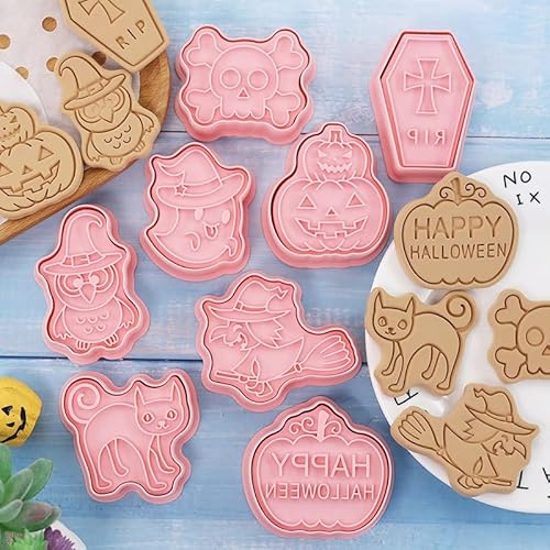 RUIYWEN 8 Stück 3D Ausstechformen Keksmodell Halloween Cookie Cutters Keksausstecher Kunststoff für Kinder Keks Plätzchen Tortendekorationen