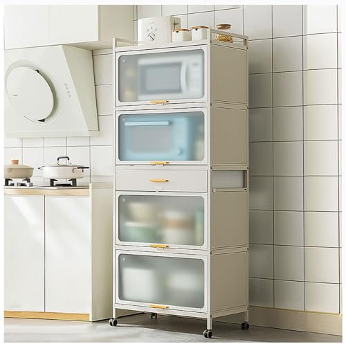5-stufiger Mikrowellenständer mit Klapptürschrank, Bäckerständer zur Aufbewahrung in der Küche, Metallregale mit bremsbaren Rollen und Schublade für Küche, Speisekammer und Wohnzimmer, Weiß,