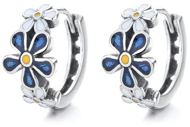 Vintage Blue Daisy Flower Small Hoop Earrings for Women Girls 925 Sterling Silver Daisy Huggie Hinged Hoops Cartilage Earrings Elegant Ear Jewelry Gifts for Birthday Party