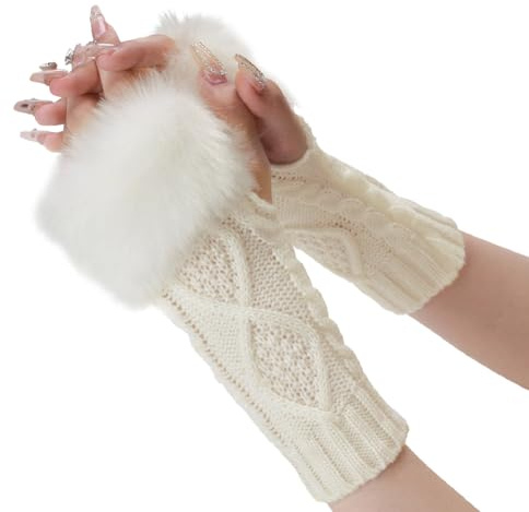CABODYALS 2 Paar Weiße Pelzige Fingerlose Handschuhe Armstulpen Flauschige Winter Strickhandschuhe Weiches Daumenloch Mit Kunstpelz Handgelenkwärmer Strick Häkelhandschuhe Fäustlinge Für Frauen Unisex