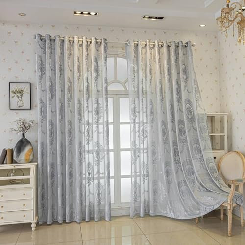 Wycian Lamellenvorhang Vorhang Grau Voile 2er Pack mit Floralem Blattrankenmuster H274 x B132 cm (2er Pack) Polyester