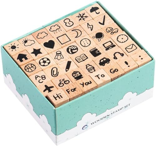 Lpitoy Holzstempel-Set, 42-teilig, Mehrzweck-Tiere, Zahlen, Wetterstempel, Niedliches Holzstempel-Set in Einer Box Für Heimwerkerarbeiten