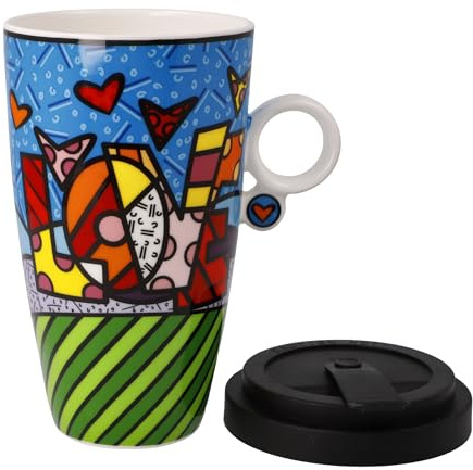 Goebel Künstlertasse mit Deckel Pop Art Love von Romero BRITTO aus Fine Bone China, Größe: 12x8,5x15 cm, 66-453-11-1, Bunt