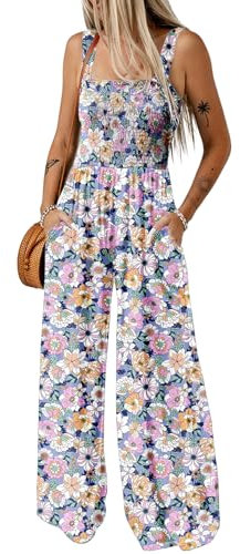 Dokotoo Jumpsuit Damen Sommer Blumenmuster Latzhose Casual Lose Overall Weites Bein Lang Romper mit Taschen, lila, S