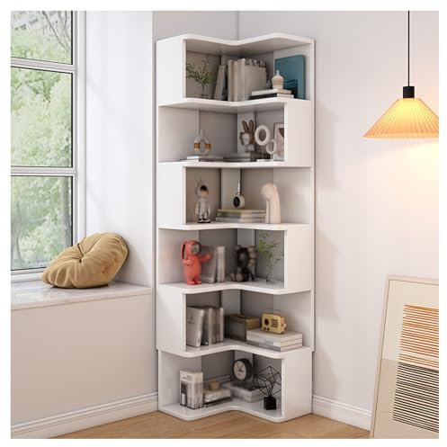 L shaped Corner Bookshelf with Baffles Etagere Shelf Storage Rack for Study Room Living Room Office White Wood Corner Bookcase with 6 Tiers