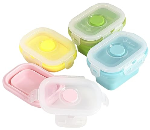 Jorzer 4 mini contenitori per snack, 150 ml, pieghevoli, in silicone, impilabili, salvaspazio, con coperchi a clip, adatti a microonde, frigorifero, congelatore, lavastoviglie