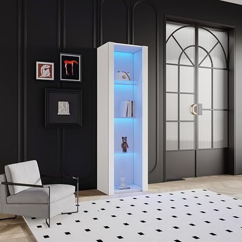 LAKFEW Vitrine Vitrinenschrank mit LED Lichtern, Glasvitrine mit 3 Glasfächer und Stauraum, Hochschrank Standvitrine Bücherschrank Stehschrank für Wohnzimmer Büro Esszimmer, 55x38x166 cm, Weiße