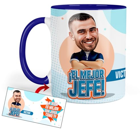 Kembilove Taza Personalizada para Jefes con Caricatura | “¡El Mejor Jefe!” + Nombre | Regalo Divertido y Original para el Trabajo | Cerámica 330ml Apta Microondas y Lavavajillas