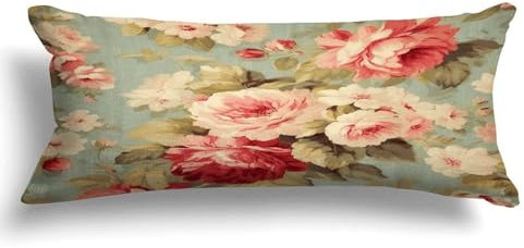 Yelolyio Pink Cabbage Roses Romantic Aqua Body Pillow 20x54 Cotton Decorative Body Pillow Cover Case with Zipper for Bedding Sofa Hotel,Long Pillowcase for Adults Pregnant Women Girl