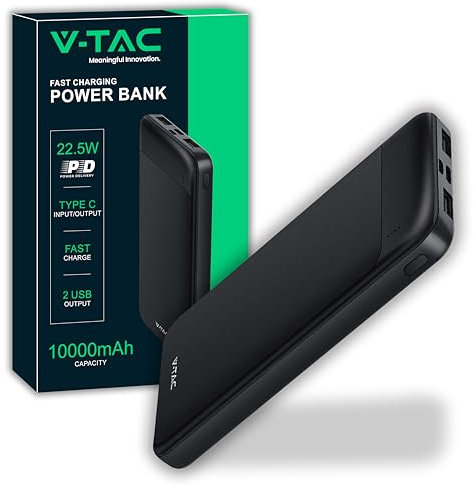 V-TAC Power Bank 10000 mAh con Ricarica Rapida PD 22.5W - Batteria Esterna Sottile con Porta USB Type-C e 2 Porte USB-A - Compatibile iPhone, iPad, Samsung, iPad, Xiaomi - PowerBank Nero