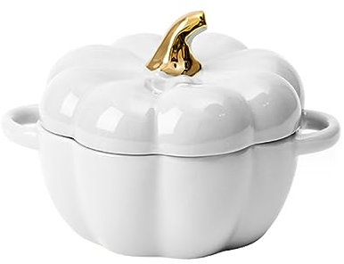Justup Suppenschüssel mit Henkel, 450ml Mini Keramik Kürbisschale mit Griff, Kreative Mode Müslischalen Salatschalen Dessertschalen, Decor-Geschirr für Halloween Kürbisparty (Weiß)