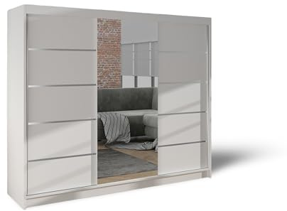 ELUKS - DELIN Sliding Doors Wardrobe with Mirror Furniture for Bedroom Living Room and Hall Wardrobe Organizer Width 100cm/120cm/150cm/180cm/200cm/WHITE/BLACK/OAK (White, 200cm)