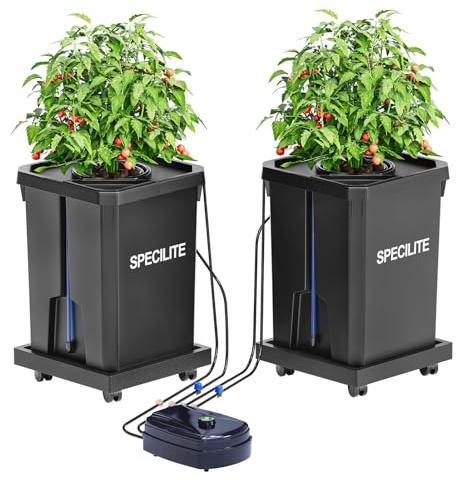 SPECILITE DWC Hydroponics Grow System with Top Drip Kit, 7 Gallon 2 Buckets Deep Water Culture Recirculating Drip Garden System with Plant Stand with Wheels, Air Pump, Air Stone, Air Hose