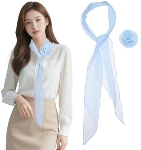 YELARXI Chiffon Scarf for Women,Light Blue Chiffon Neckerchief 47in | Long Skinny with Detachable Rose Flower Light Soft Long Skinny Fitting for Hair Ribbon Headband Dresses Bridal Scarve