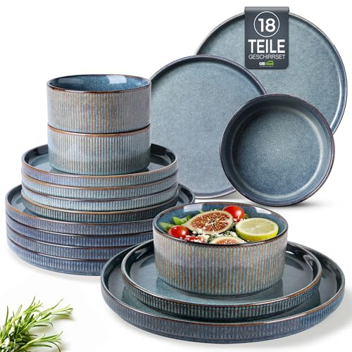 GBhome Stoneware Dinner Sets for 6 People, 18 Pieces Reactive Glaze Handcrafted Plates and Bowls Set, Scratch Resistant Dinnerware Set, Dishwasher & Microwave Safe Crockery Set, Blue