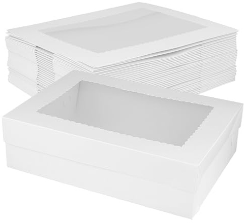 NINGWAAN 30 Pack White Cake Boxes with Window, Large Rectangle Quarter Sheet Bakery Cookie Boxes for Treats, Pastry, Dessert, 14 x 10 x 4 Inch