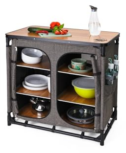 Küchenbox 6-Fächer Campingschrank mit Arbeitsplatte, faltbar und tragbar, Aluminiumgestell, 30 kg belastbar, für Outdoor, Camping, Picknick, mit 6 Stauraumfächern & Seitentaschen–Camping Küchenschrank