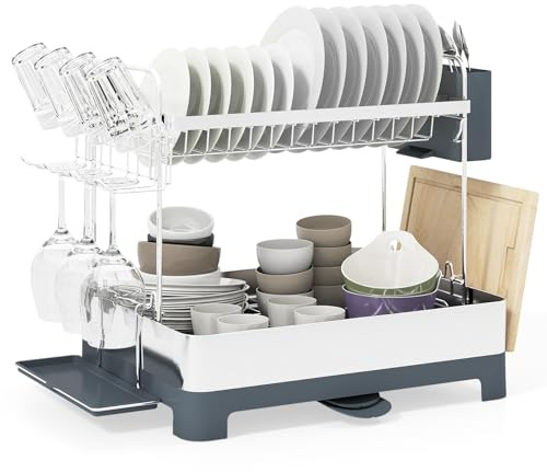 COSTWAY 2 Tier Dish Drainer Rack, Stainless Steel Dish Drying Rack with Drip Tray, Swivel Extendable Drainage Spout, Utensil Holder & Cutting Board Holder, Draining Board Rack for Kitchen Counter