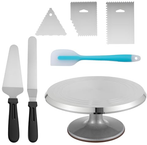 GREENSAPPIRE Cake Turntable 12-Inch (30.7cm) Cake Spinner Turntable, Aluminium Alloy Cake Decorating Turntable with 2 Icing Spatula and 3 Comb Icing Smoother 1 baking spatula for Icing, Frosting, Fond