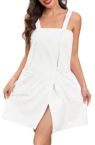 Lovasy Albornoz para Mujer Toalla de Envoltura Toalla de Baño Albornoces de Casa Mujer con Tiras Anchas, Bolsillos, Botón de Presión y Banda Elástica Ajustable,Blanco,L-XL