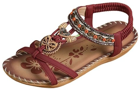 Générique Dam bekväm och vacker bohemisk blomma 37 - sandal dam sommar chic strass stor storlek platta skor öppen tå etnisk stil rolig sko vandring utomhus, Färg: röd, 40 EU