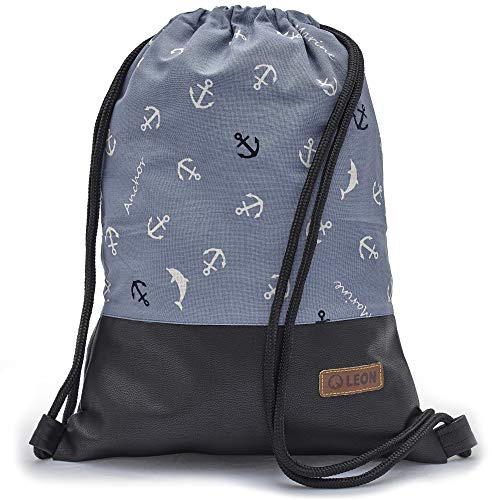 By Bers Leon großer Premium Turnbeutel mit Innentaschen Rucksack Tasche Damen Herren Teenager Gym Bag Draw String 45x34cm für Sport Reise Alltag Einkauf (Marine_SwPU)