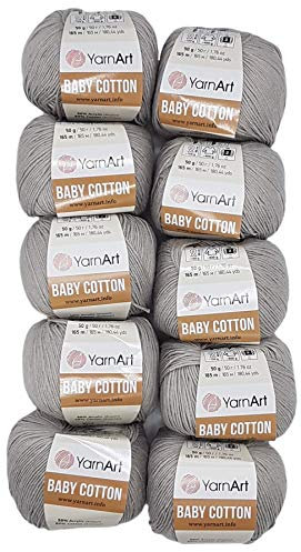 10 x 50g Strickwolle YarnArt Baby Cotton mit 50% Baumwolle, 500 Gramm Wolle einfarbig (grau 406)