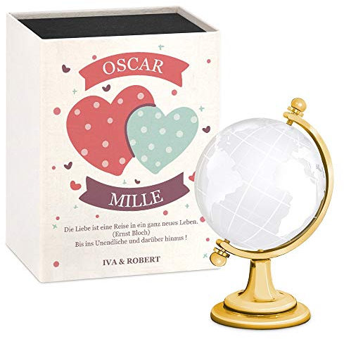 Maverton Glas-Globus - mit gravierter Weltkarte - in personalisierter Box - Kristallglobus - Weltkugel - Briefbeschwerer - Geschenke für Paare - Herzen