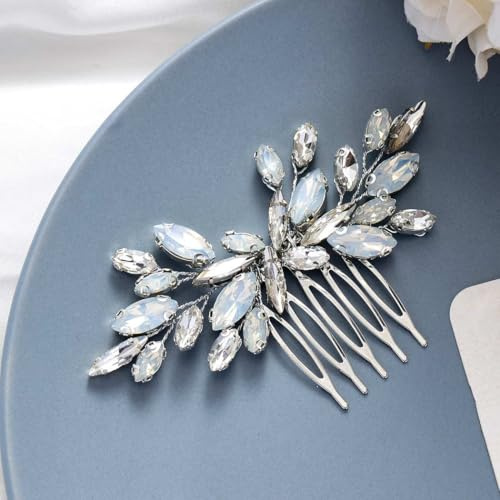 Unicra Pettine da sposa in argento, opale, cristallo, cerchietto per capelli, strass, pettini da sposa, accessori per donne e ragazze