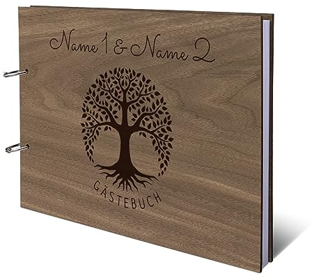 Personalisiertes Hochzeit Gästebuch echtes Holz DIN A4 Hochzeitsbuch mit Lasergravur - Lebensbaum - mit 72 Blatt / 144 Seiten Naturpapier Weiß