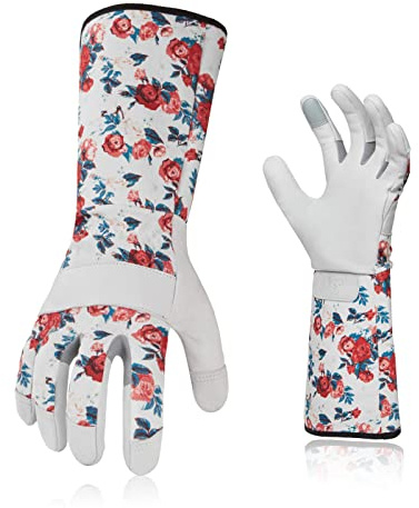 Vgo... Gants de jardinage cuir femmes, gantelet d'élagage, manches longues, anti-épines, puncture protection, avant-bras long, écran tactile, anti-choc(GA9658,Blanc,7/S,1Paire)
