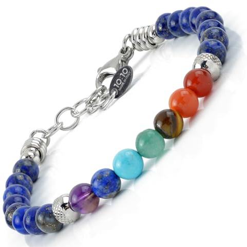 10:10 Armband 7 Chakra i rostfritt stål och 6 mm natursten, tillverkat i Italien med högkvalitativa material., 20 cm, Sten Rostfritt stål