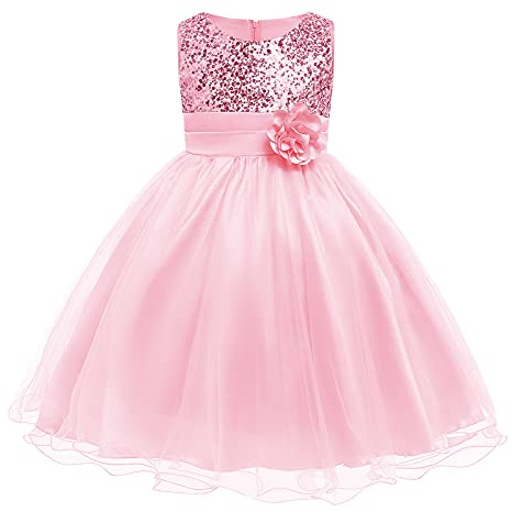 Odizli Vestido de tul con lentejuelas sin mangas para niñas, vestido de princesa, vestido festivo de boda, primera comunión, bautizo, Rosa., 5-6 años