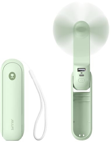 JISULIFE Handventilator, Mini Tragbarer Handventilator, Batteriebetrieben [14-21 Stunden], Wiederaufladbarer, Faltbarer USB-Lüfter, Leiser Persönlicher Ventilator Powerbank, Taschenlampe-Minzgrün