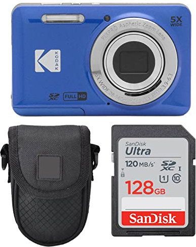 Kodak PIXPRO FZ55 Digital Camera (Blue) + Point & Shoot Camera Case + Sandisk 128GB SDXC Memory Card