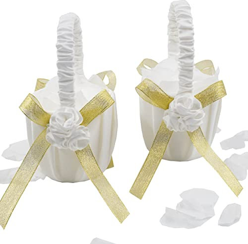 EinsSein 2 cestini da spargere per matrimonio, dorati - 17x26x13 Petali cestini da Sposa Fiore in Raso Confetti Cesto Damigella Bambina Vimini con Manico Porta Rivestiti