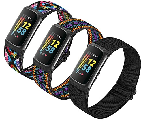 HUYIIO Justerbart, elastiskt klockarmband, kompatibelt med Charge 5/Charge 6, mjukt, ventilerande nylonsportband, stretchigt ersättningsarmband för kvinnor och män, 3 stycken, 4.5-9.5, Nylon, Ingen