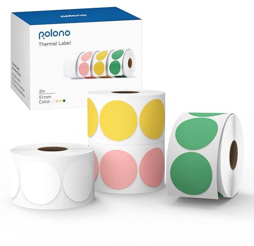 POLONO Thermo-Etiketten, selbstklebend, Thermodrucker-Etiketten für Adresse, Versand, DIY-Design, QR-Code, Weiß/Rosa/Gelb/Grün, 5,1 cm, 3000 Etiketten/4 Rollen