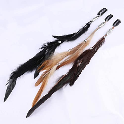 Boho Federn Haarschmuck Clip, Hippie Kopfschmuck mit Pfauenfedern,Indianer Federn Haarschmuck,Clip-In Feder Haarspange für Damen Piraten Halloween Kostüm Cosplay Zubehör Accessoires,3 Stück