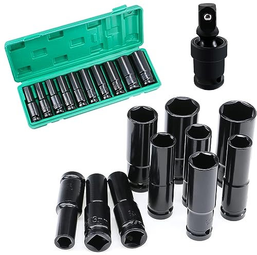 11Pcs 1/2 Inch Drive Deep Impact Socket Set,10 pcs 10-24mm Metric Socket Set for Impact Driver with 1pc Universal Joint 1/2,Impact Wrench Hex Long Reach Sockets for Car Wheel Nuts Bolts DIY Tool