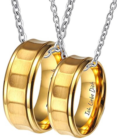 KnSam Halskette Pärchen aus Edelstahl, 8MM Ring Anhänger Geometrisch Gebürstet Gravur Ich Liebe Dich Partner Kette Preis für 2, Gold, Damen 54 Herren 62, 60cm & 50CM Länge
