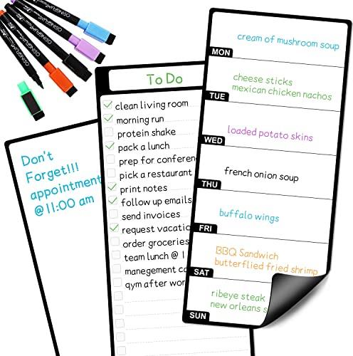 Magnetic Whiteboard for Fridge 3 Pcs 4.5x10 Magnetic Dry Erase Board for Refrigerator Magnet to Do List White Board for Fridge Weekly Menu Board for Kitchen Meal Planner 5 Ultra Fine Tip Markers