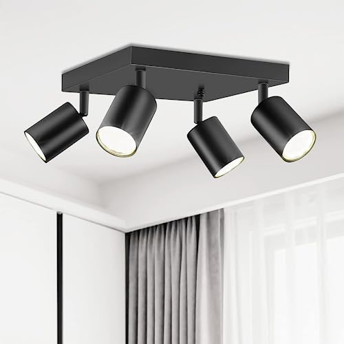 Ketom Ceiling Spot Lights Indoor: 4 Lights Led Flush Mount Ceiling Light Fixture GU10 Head Modern Black Adjustable Directional Light for Kitchen Bathroom Bedroom Hallway